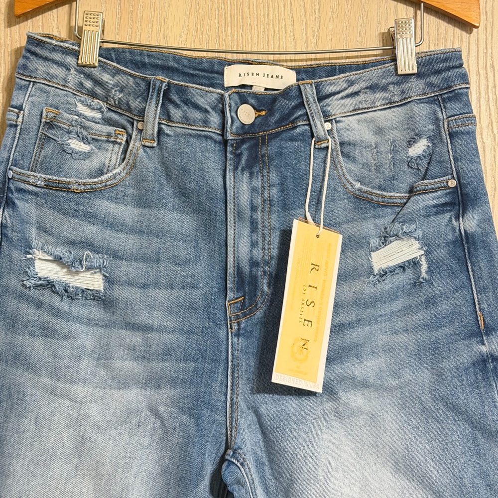 Risen Tessa Blue Distressed HIGH RISE CROP WIDE SIDE SLIT WITH FRAY HEM JEANS - Picture 4 of 10